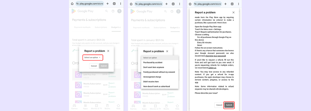 Request a refund on Google Play