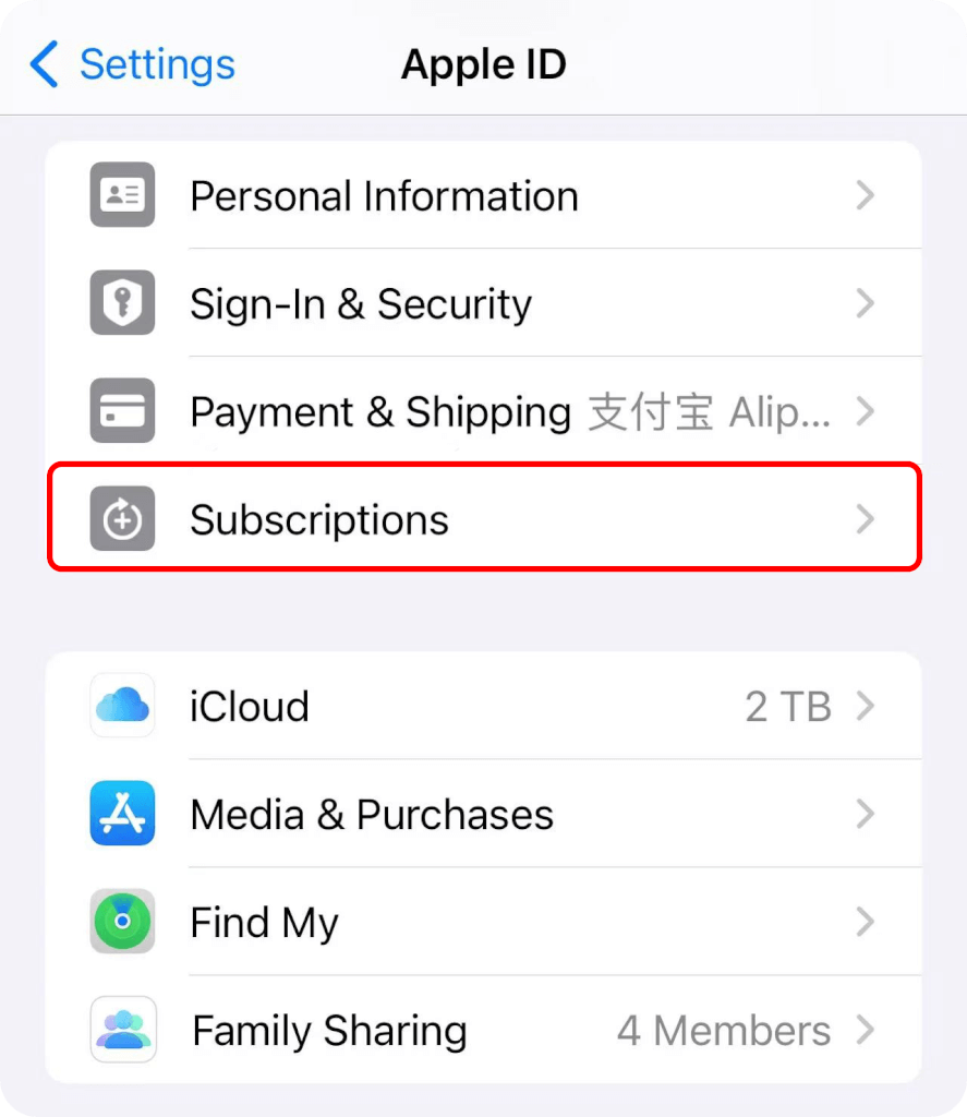 Настройки Apple ID с выделенной опцией Подписки.