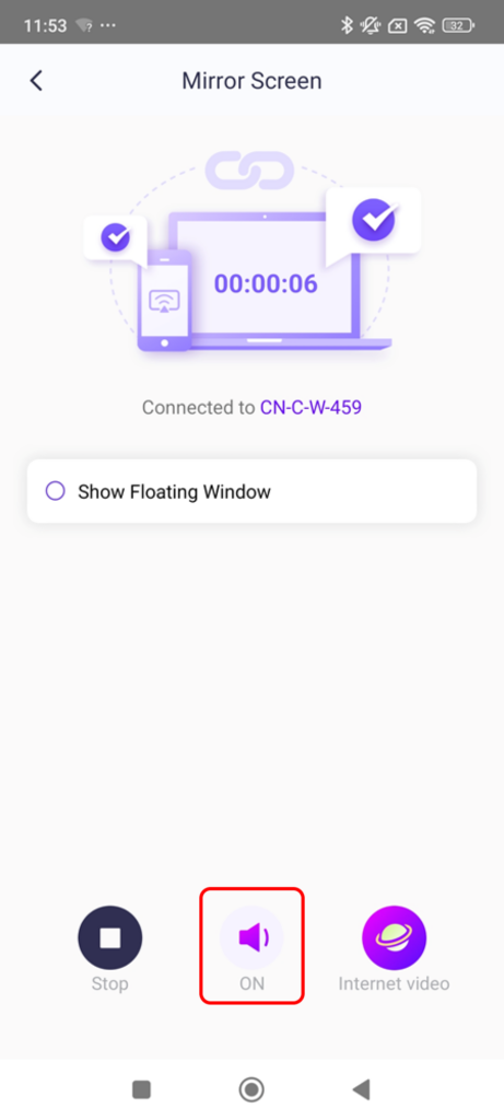 Mirror Screen interface with sound on and connected status.