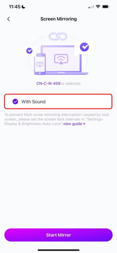 iOS Screen Mirroring setup with sound option enabled.