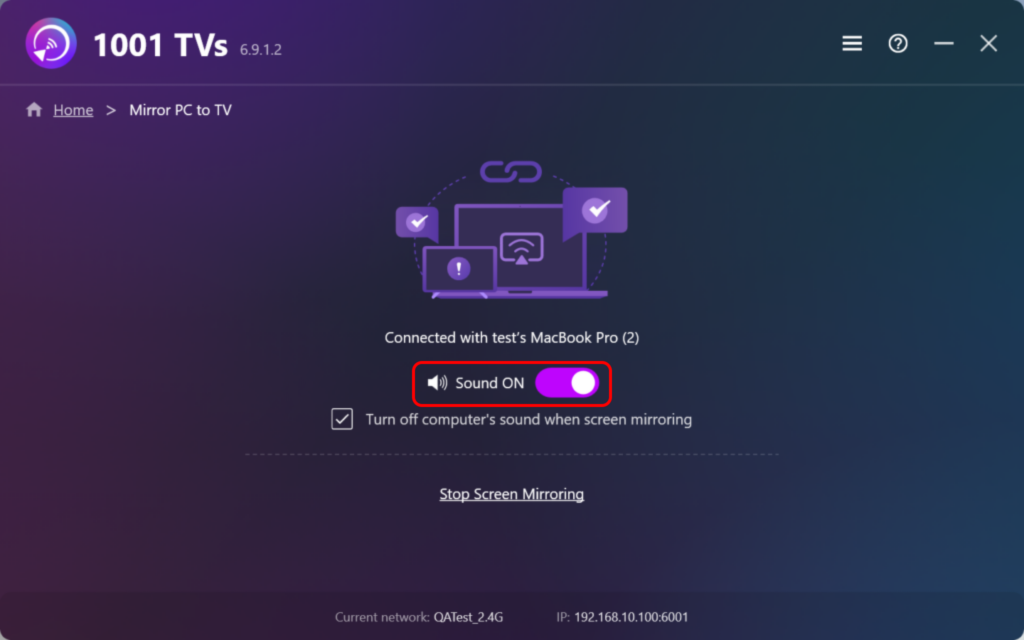 Windows PC Screen mirroring interface with sound on and stop option.