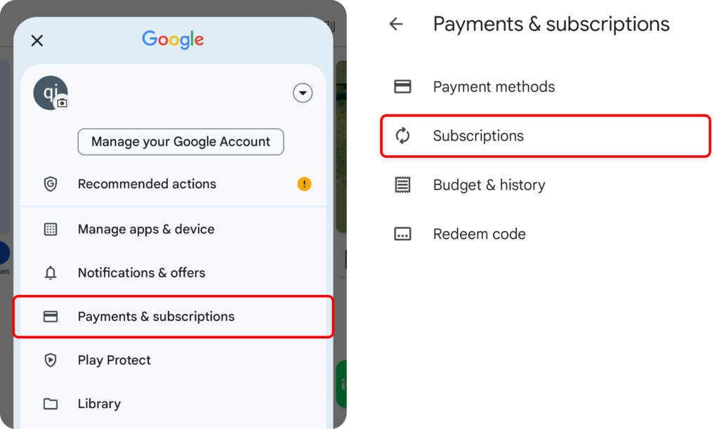 Меню аккаунта Google с выделенным пунктом Платежи и подписки.