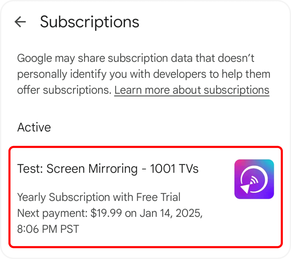 Активная подписка: Test Screen Mirroring, следующий платеж $19.99 14 января 2025 г.