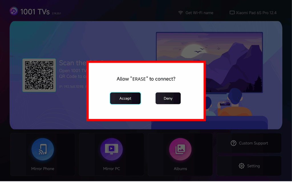 Example of the pairing confirmation popup on the 1001 TVs TV app, showing Accept and Deny options before screen mirroring.