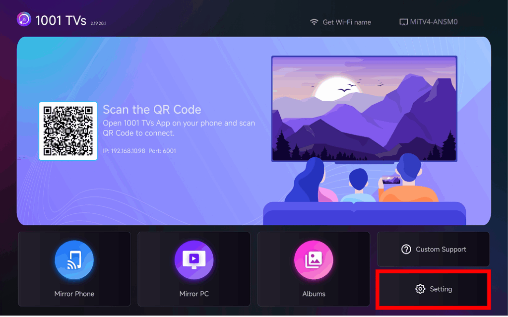 1001 TVs टीवी ऐप की होम स्क्रीन पर मुख्य इंटरफ़ेस दिखाई दे रहा है, जिसमें पेयरिंग विकल्पों को कॉन्फ़िगर करने के लिए सेटिंग्स बटन को हाइलाइट किया गया है।.