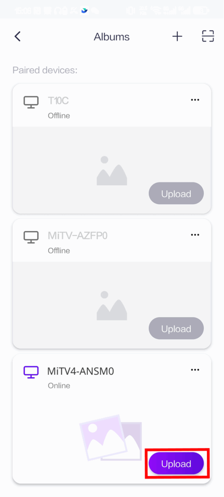 1001 TVs mobile app Albums screen showing paired devices, with “MITV4-ANSM0” selected and the Upload button highlighted.