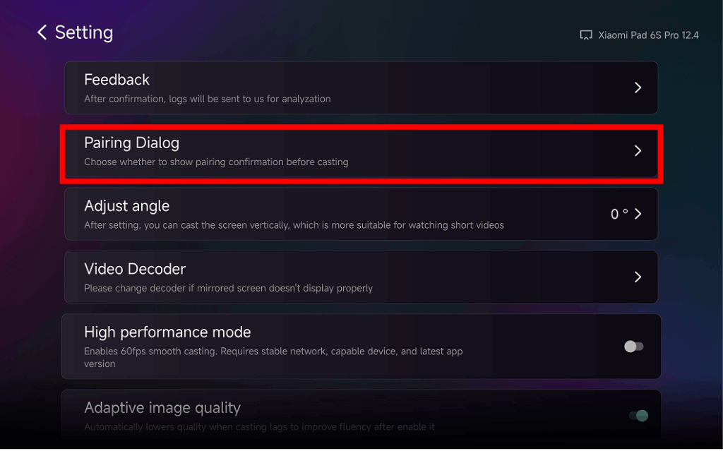 1001 TVs TV app Settings page with the Pairing Dialog option highlighted, where users can adjust screen mirroring confirmation behavior.
