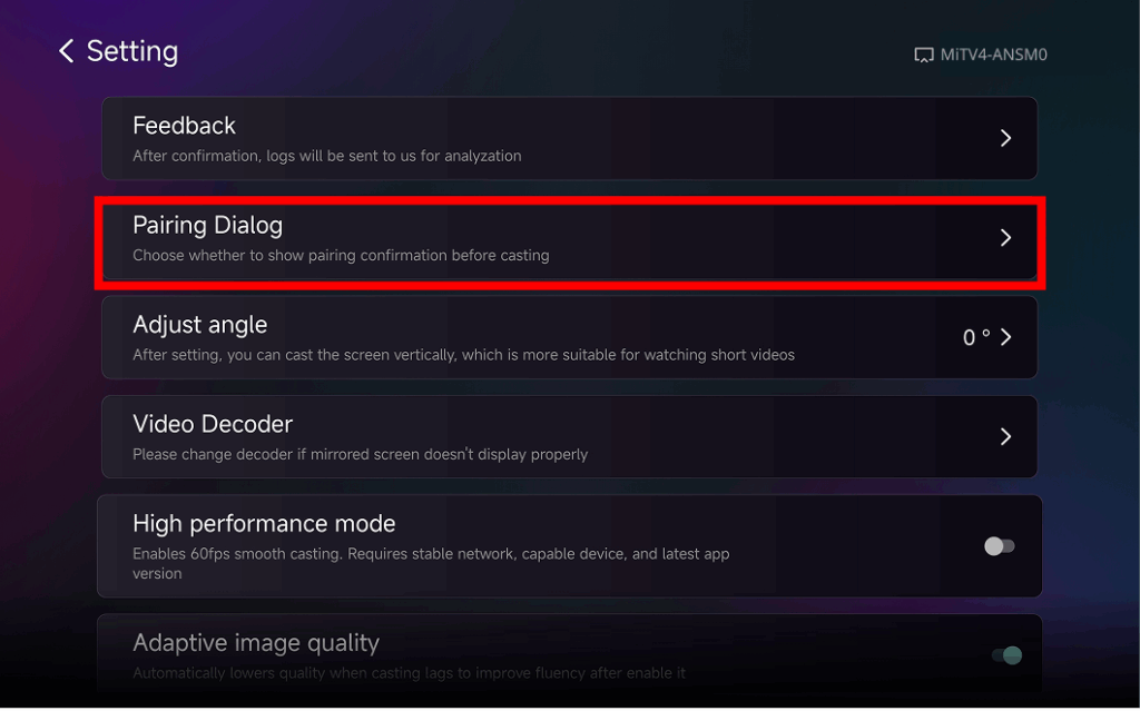 1001 TVs टीवी ऐप के सेटिंग पेज पर पेयरिंग डायलॉग विकल्प हाइलाइट किया गया है, जहां उपयोगकर्ता स्क्रीन मिररिंग की पुष्टि करने के व्यवहार को समायोजित कर सकते हैं।.