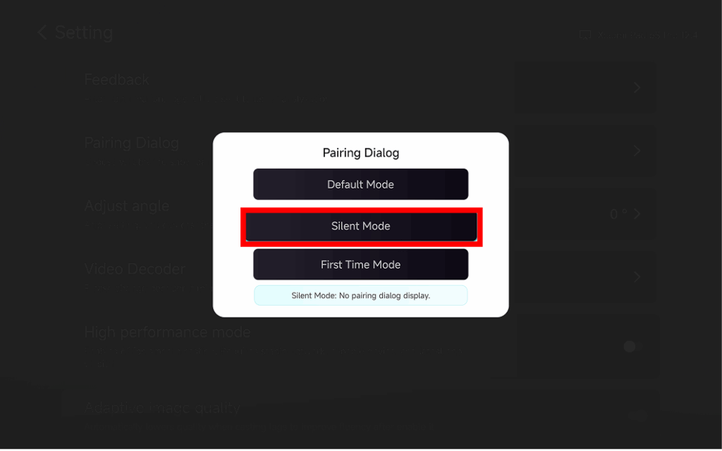 Pairing Dialog options in the 1001 TVs TV app, with Silent Mode highlighted to enable auto-accept mirroring without popup confirmation.