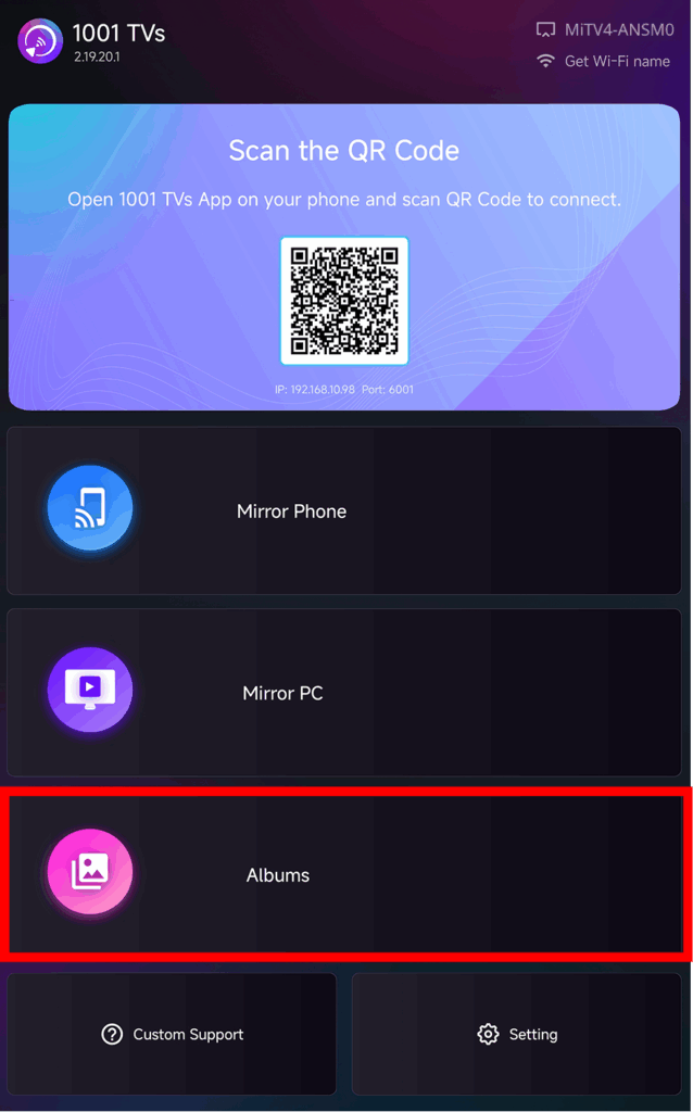 1001 TVs TV interface with the Albums feature highlighted on the home screen.