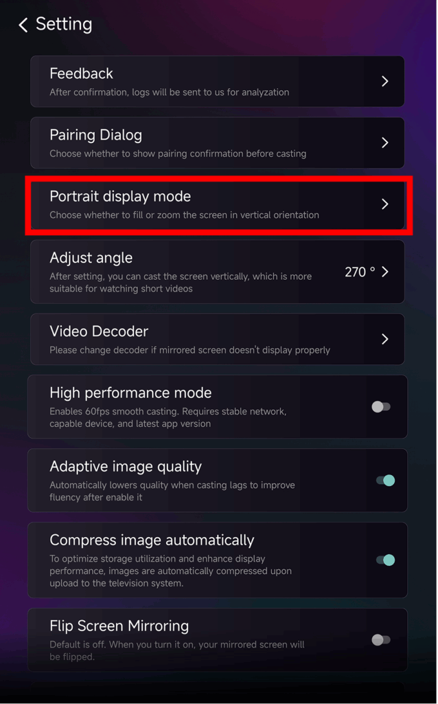 1001 TVs Setting page with the Portrait Display Mode option highlighted, used to configure how vertical content fills the TV screen.