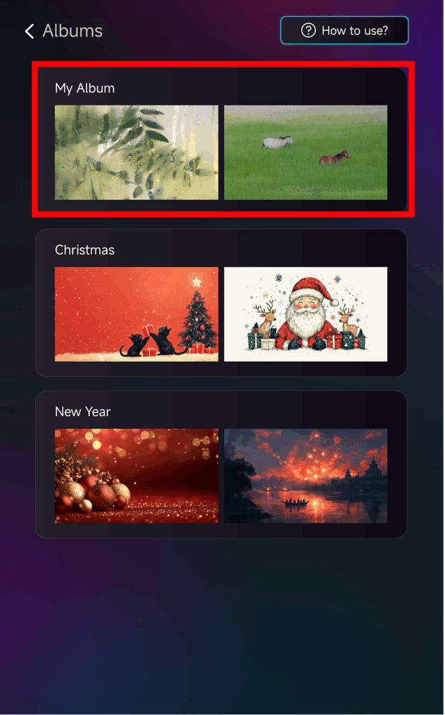 1001 TVs TV Albums screen showing the My Album section with uploaded photos highlighted.
