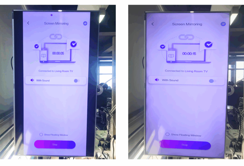 Side-by-side comparison of vertical screen mirroring in the 1001 TVs app, showing black bars before adjustment and full-screen display after enabling Scale to fill the screen.