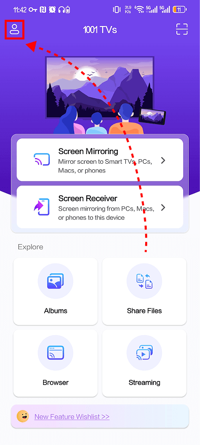 1001 TVs ana ekranı, ayarları açmak ve Ayna Ayarlarına erişmek için kullanıcı simgesini gösterir.