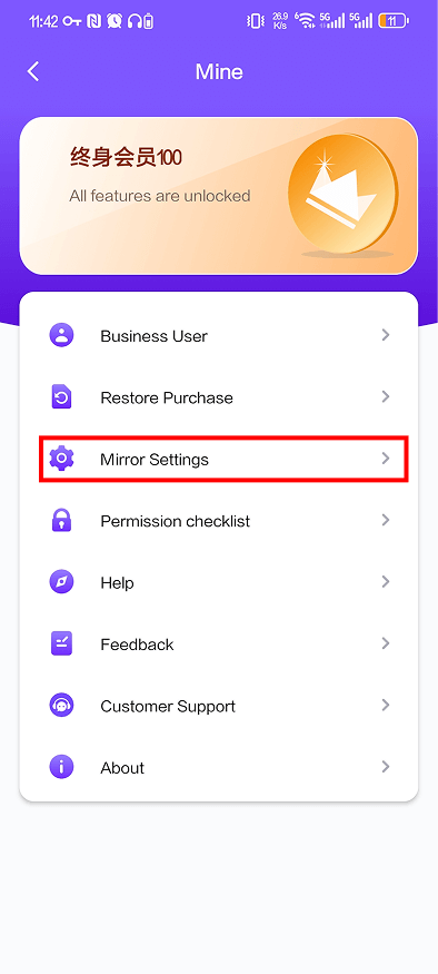 1001 TVs uygulaması Ekran yansıtma seçenekleri için Ayna Ayarlarına nasıl erişileceğini gösteren Mine sayfası.