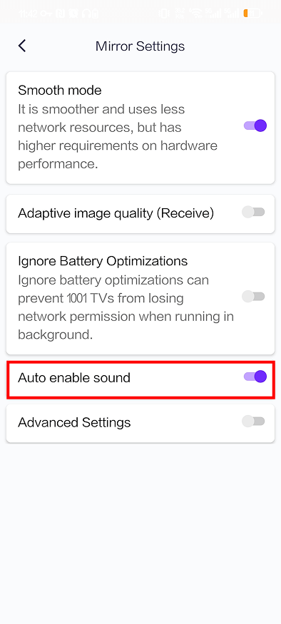 1001 TVs Yansıtma Ayarları sayfası, ses aktarımı için Sesi Otomatik Etkinleştir geçişini vurgular.