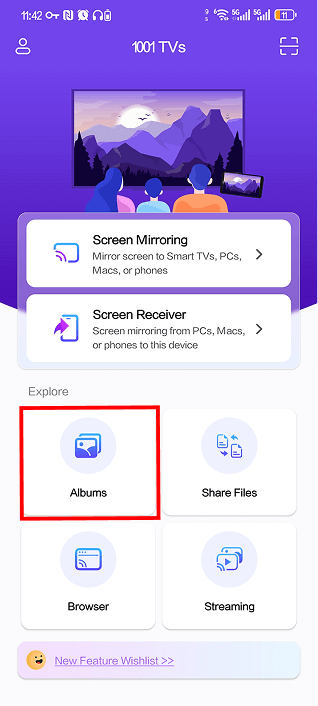 1001 TVs app main screen with Albums feature highlighted in the Explore section
