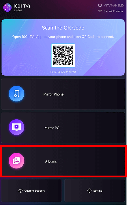 1001 TVs TV interface showing the Albums feature entry below Mirror Phone and Mirror PC options.