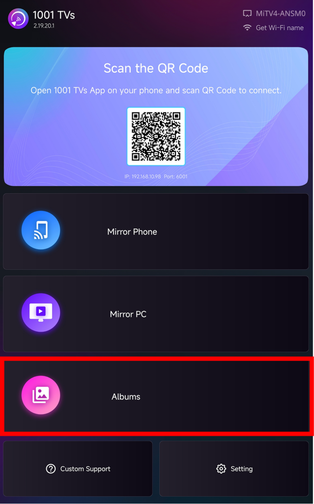 1001 TVs TV app home screen with Albums option highlighted at the bottom
