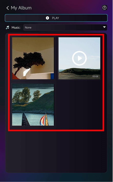 Thumbnails of photos and a video displayed inside the 1001 TVs “My Album” gallery.