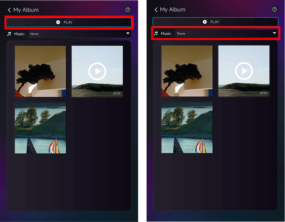 1001 TVs “My Album” page showing the Play button and the Music dropdown menu for slideshow settings.