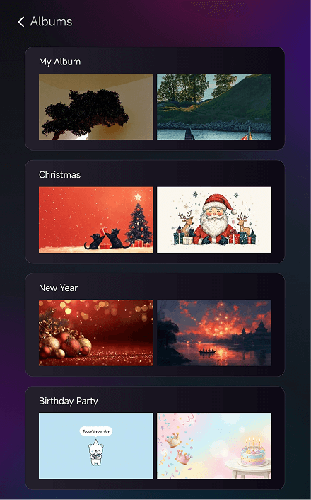 1001 TVs Albums screen displaying categories including My Album, Christmas, New Year, and Birthday Party.