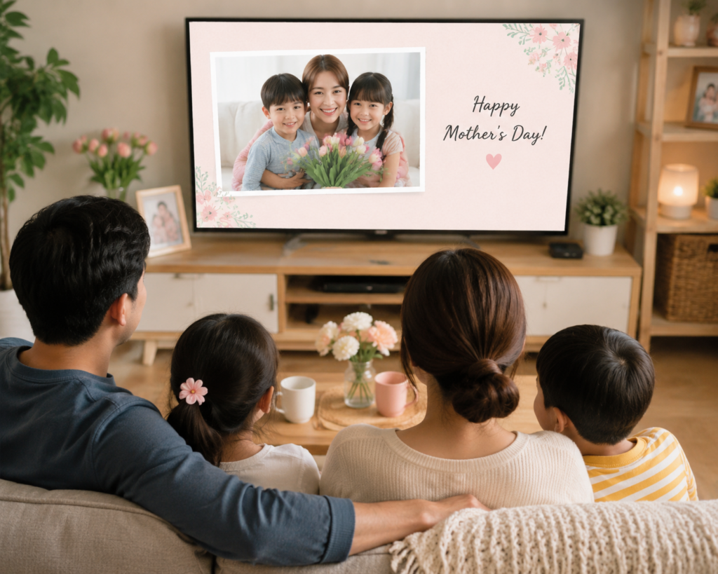 Familie bekijkt diavoorstelling op tv