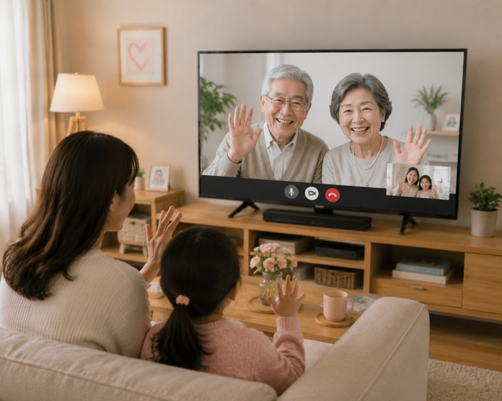 Virtuele familiebijeenkomst weergegeven op tv-scherm
