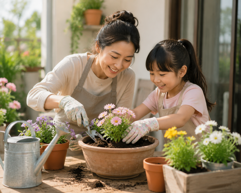 Moeder en kind tuinieren samen bloemen planten
