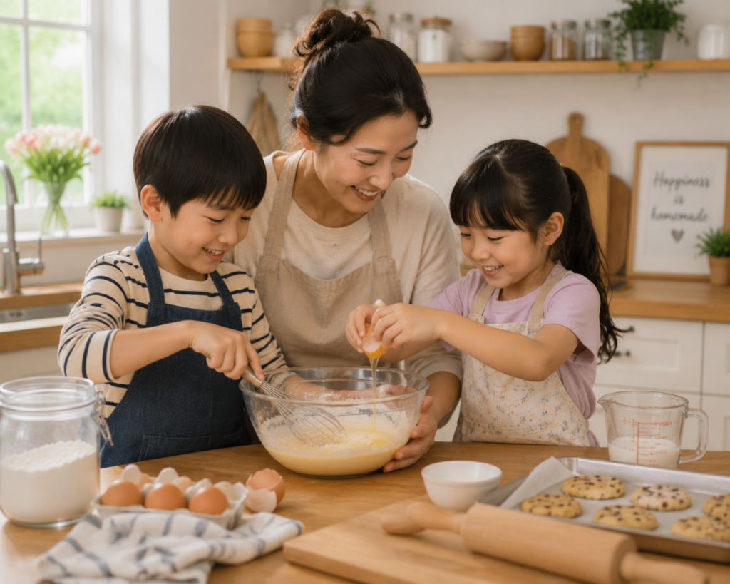 Moeder en kinderen bakken samen in keuken