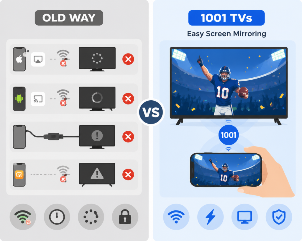 Old Way vs 1001 TVs - Easy Screen Mirroring