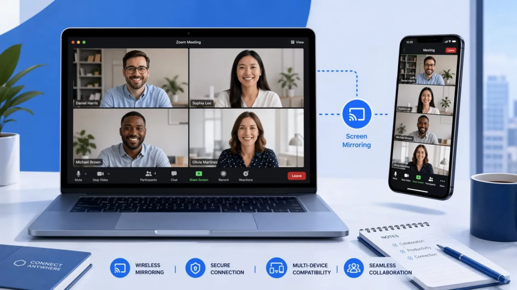كيفية مشاركة شاشة الهاتف المحمول في اجتماع Zoom على الكمبيوتر المحمول - مساحة عمل احترافية تعرض إعداد انعكاس الشاشة