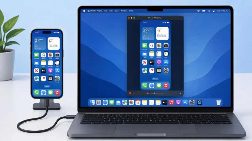 مشاركة شاشة الهاتف المحمول في اجتماع Zoom باستخدام توصيل كابل USB بالكمبيوتر المحمول مع النسخ المتطابق QuickTime