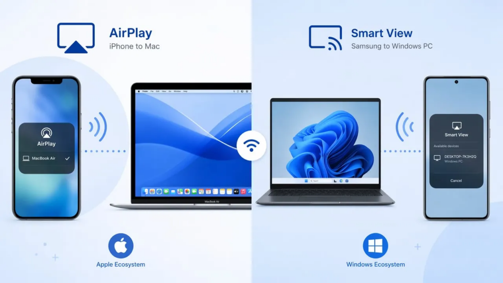 مشاركة شاشة iPhone في اجتماع Zoom باستخدام AirPlay وSamsung Smart View لنسخ الشاشة الأصلي