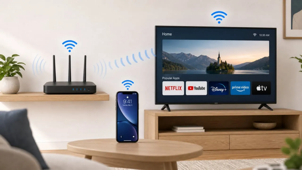 WiFi router on shelf with wireless signal waves connecting to iPhone and smart TV in home network setup