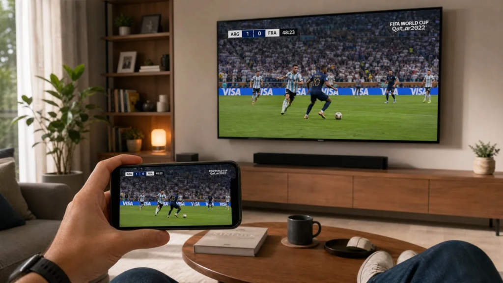 Person holding iPhone displaying World Cup soccer match, screen mirrored to large flat-screen TV in modern living room