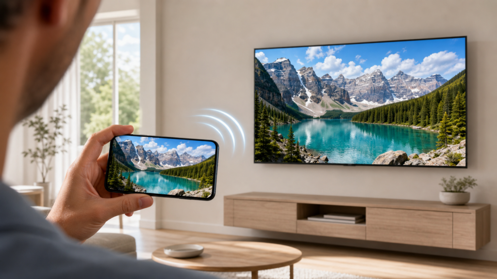 Samsung TV screen mirroring a smartphone photo wirelessly in a modern living room