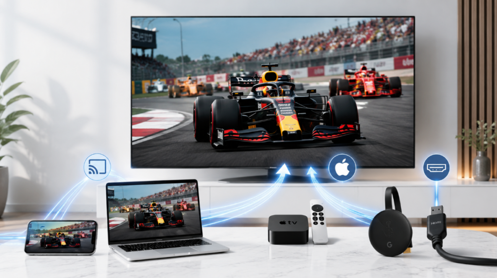 Přenos závodu F1 z telefonu a notebooku do televize pomocí Chromecastu, Apple TV a HDMI