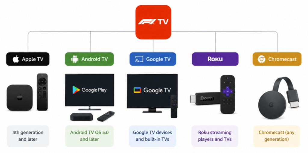 Zařízení podporující službu F1 TV, včetně Apple TV, Android TV, Google TV, Roku a Chromecastu