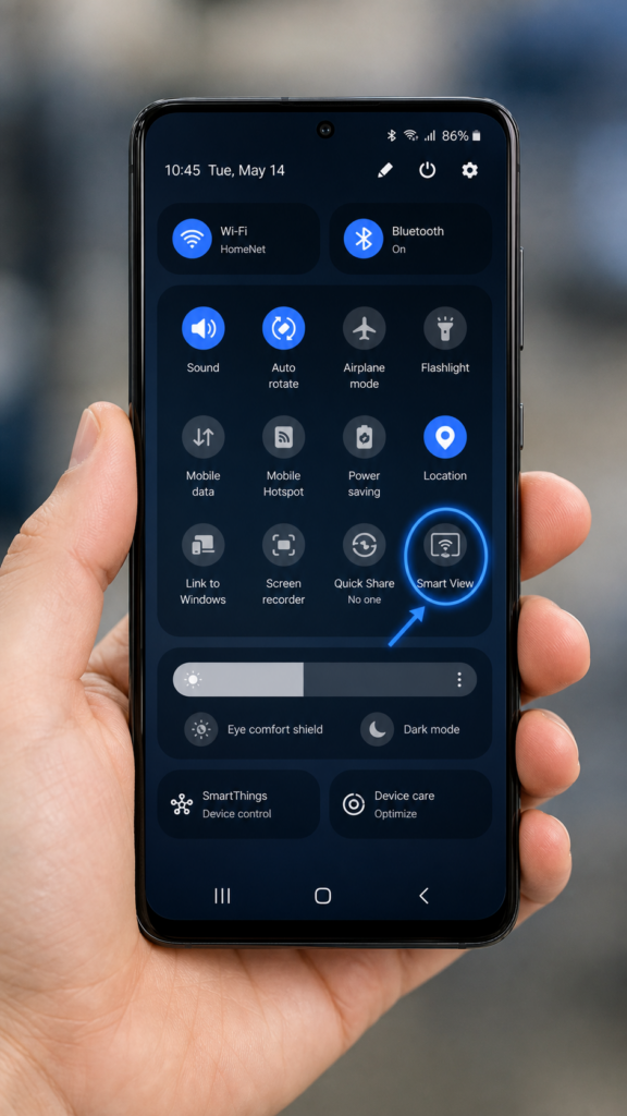 Samsung Galaxy phone Quick Settings panel with Smart View icon highlighted for screen mirroring