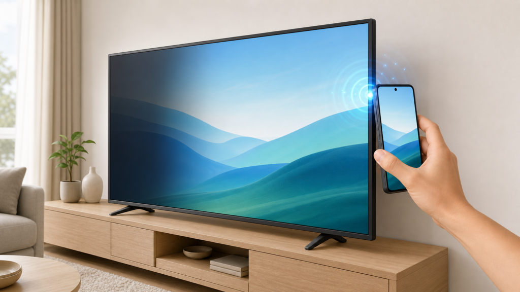 Illustration of Samsung Tap View feature showing a Galaxy phone tapped against a Samsung TV to start mirroring