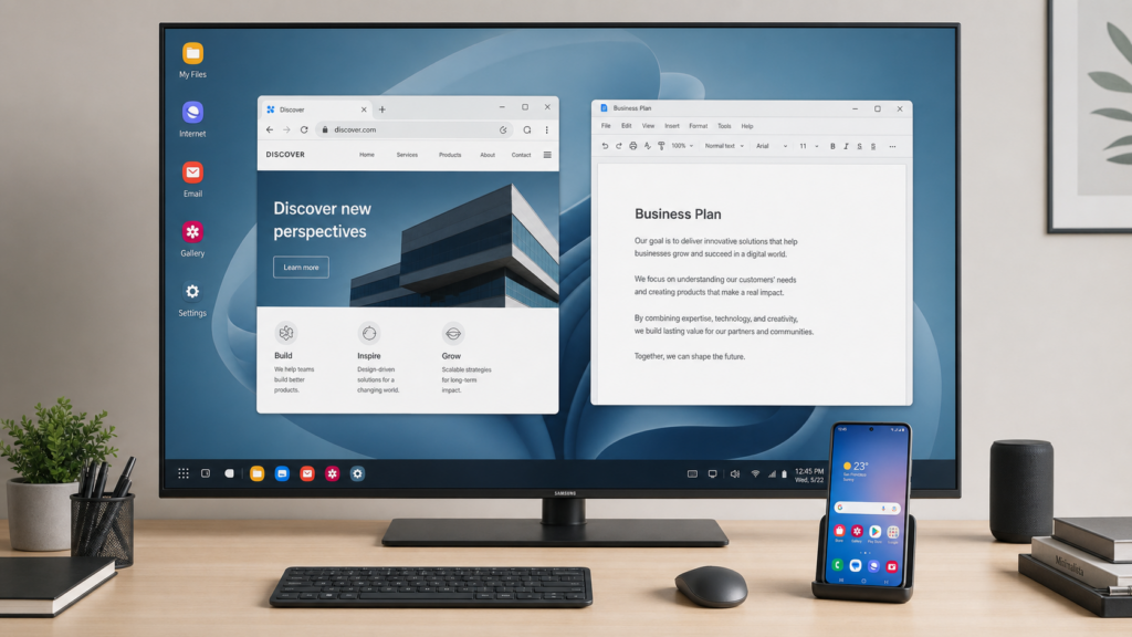 Samsung DeX desktop mode displayed on a Samsung Smart TV with taskbar and resizable windows