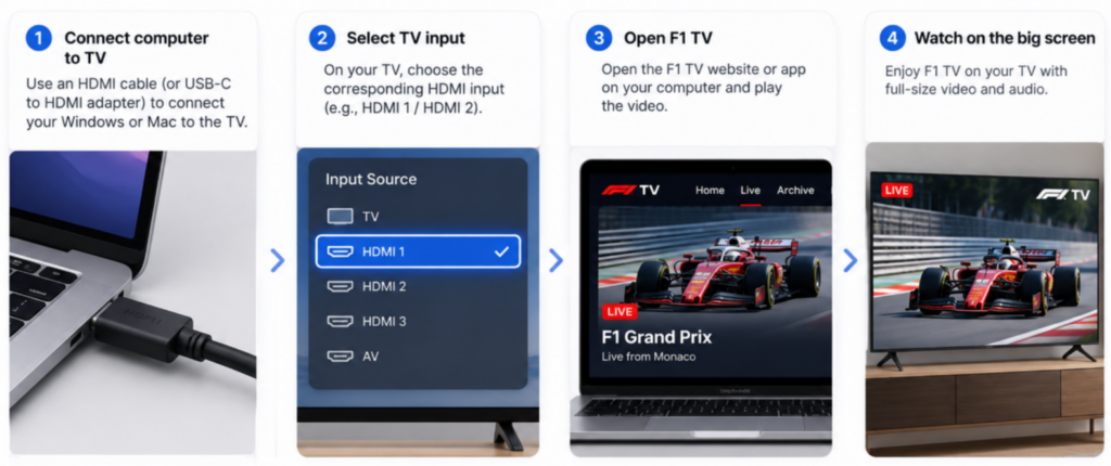 Postup připojení počítače se systémem Windows nebo Mac k televizoru pomocí kabelu HDMI a přehrávání F1 TV