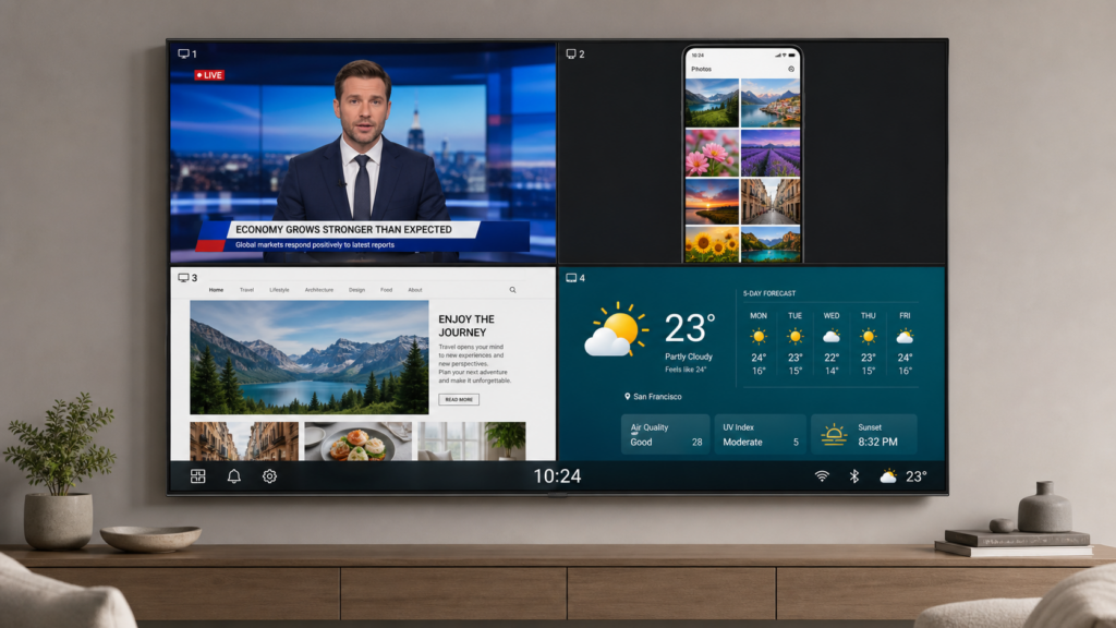 Samsung Multi View displaying four split-screen content sources simultaneously on a Samsung Smart TV