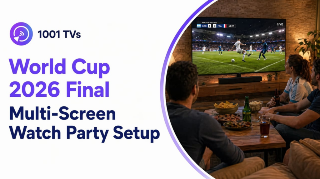 Friends watching the World Cup 2026 final on a large TV at a home watch party