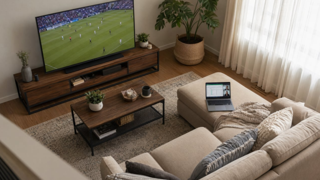 Comfortable living room with a soccer match on the TV and a laptop on the couch for working from home
