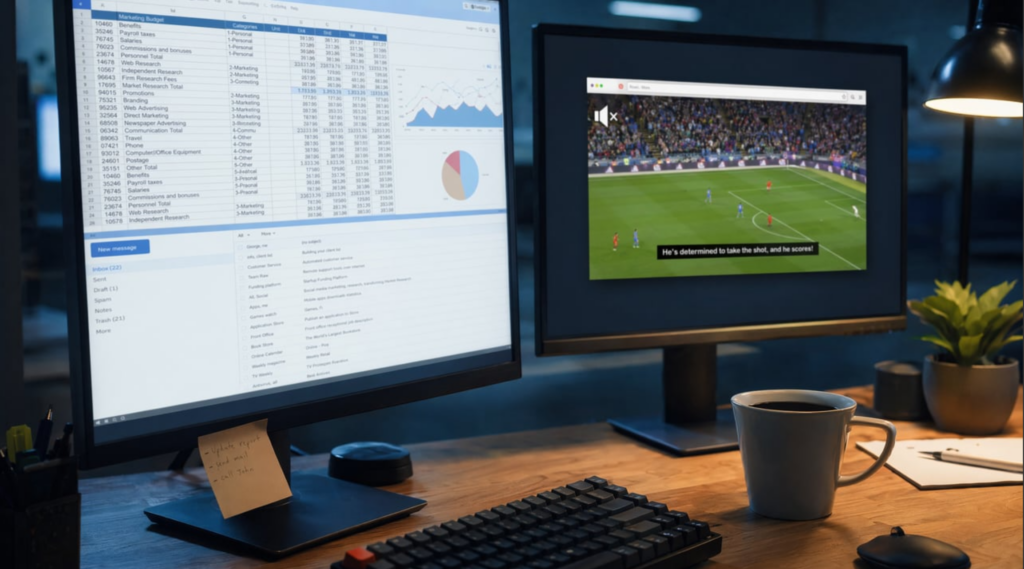 Dual monitor desk setup with soccer match playing in a small window on the secondary screen