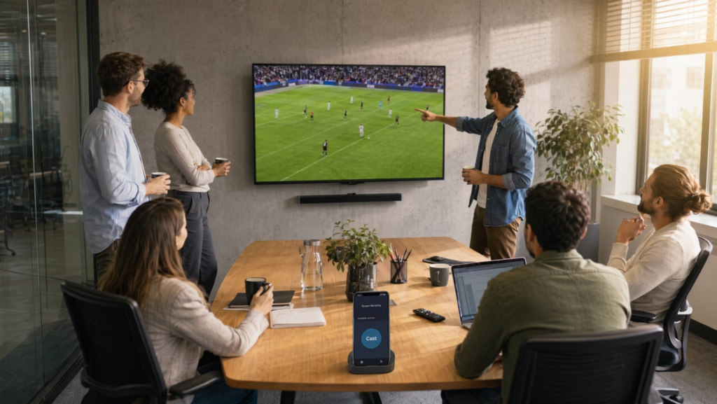 Colleagues watching a soccer match on a conference room TV via wireless screen mirroring