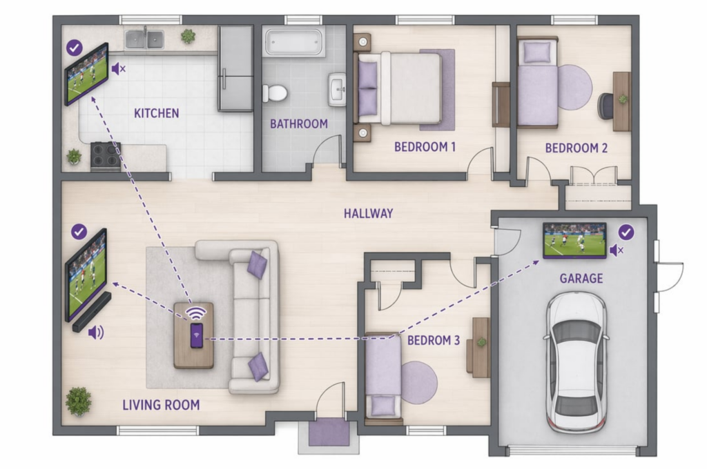 Floor plan: one phone casts the same World Cup match to living room, kitchen, and garage TVs simultaneously over Wi-Fi, with secondary screens muted