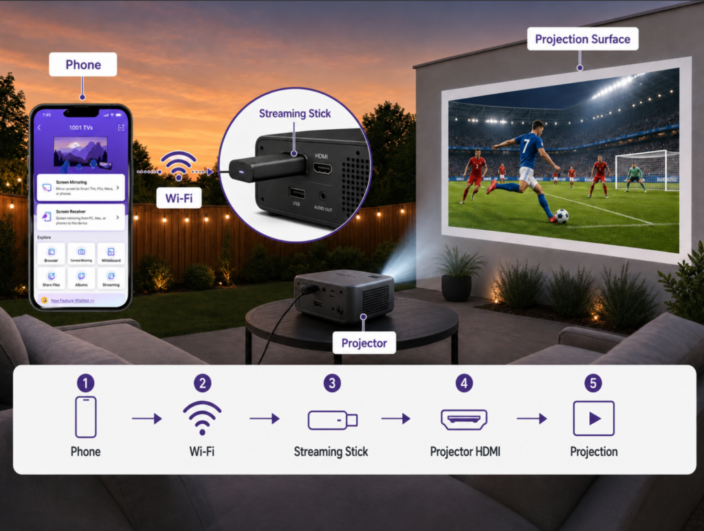 Backyard projector showing a World Cup match at dusk, with a phone running the 1001 TVs app casting wirelessly to a streaming stick plugged into the projector